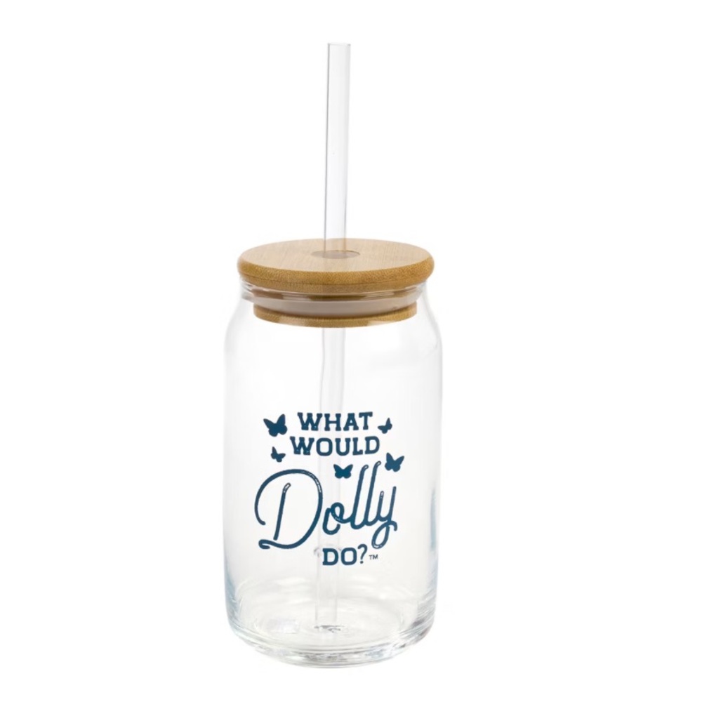 Dolly Parton What Would Dolly Do Glass Can Tumbler w Bamboo Lid & Straw